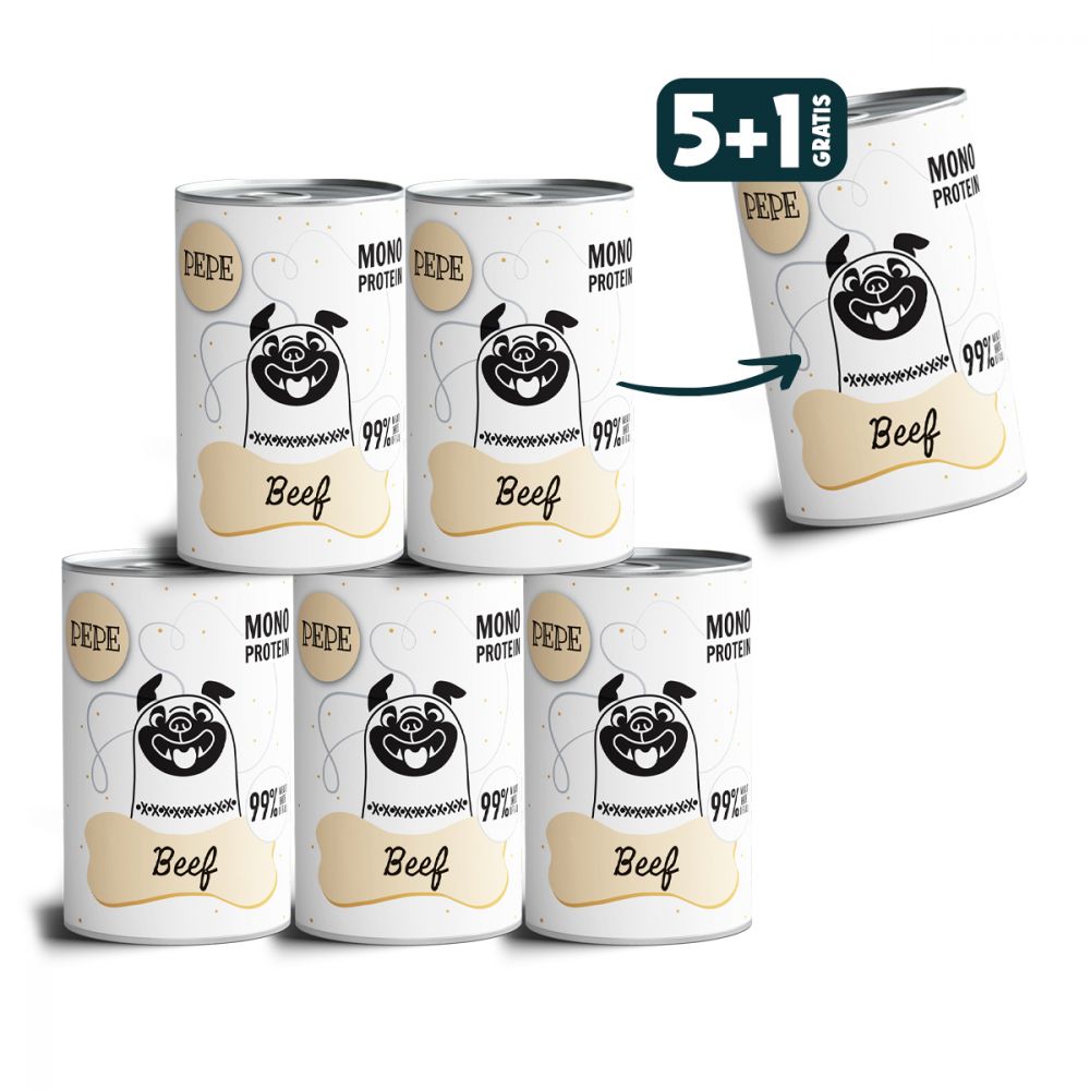 Pakiet Paka Zwierzaka Pepe Monoproteinowa Karma Dla Psa Wołowina 5 x 400 g + 1 Puszka GRATIS!