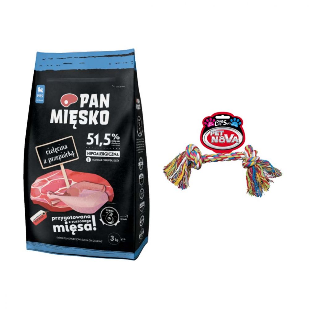 Pakiet Pan Mięsko Karma Sucha Dla Szczeniąt I Młodych Psów Cielęcina Z Przepiórką Rozmiar L 3 kg + Zabawka GRATIS!