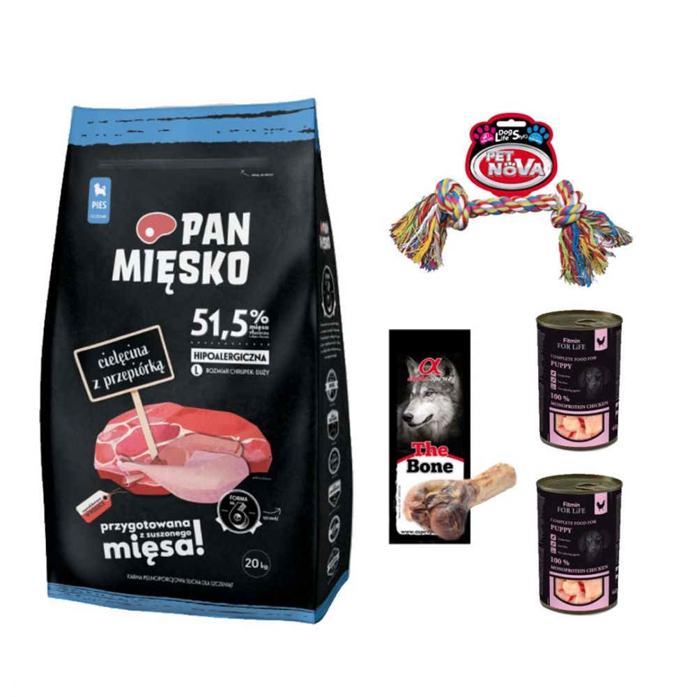 Pakiet Pan Mięsko Karma Sucha Dla Szczeniąt I Młodych Psów Cielęcina Z Przepiórką Rozmiar L 20 kg + Karma Mokra, Zabawka, Kość GRATIS!
