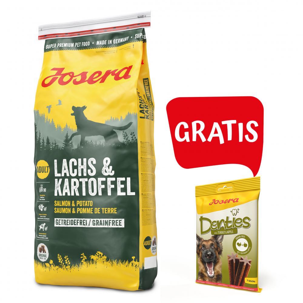 Pakiet Josera Lachs & Kartoffel Sucha Karma Dla Dorosłych Psów Łosoś Ziemniaki 15 kg + Josera Denties Przysmak z Indykiem 180 g GRATIS!