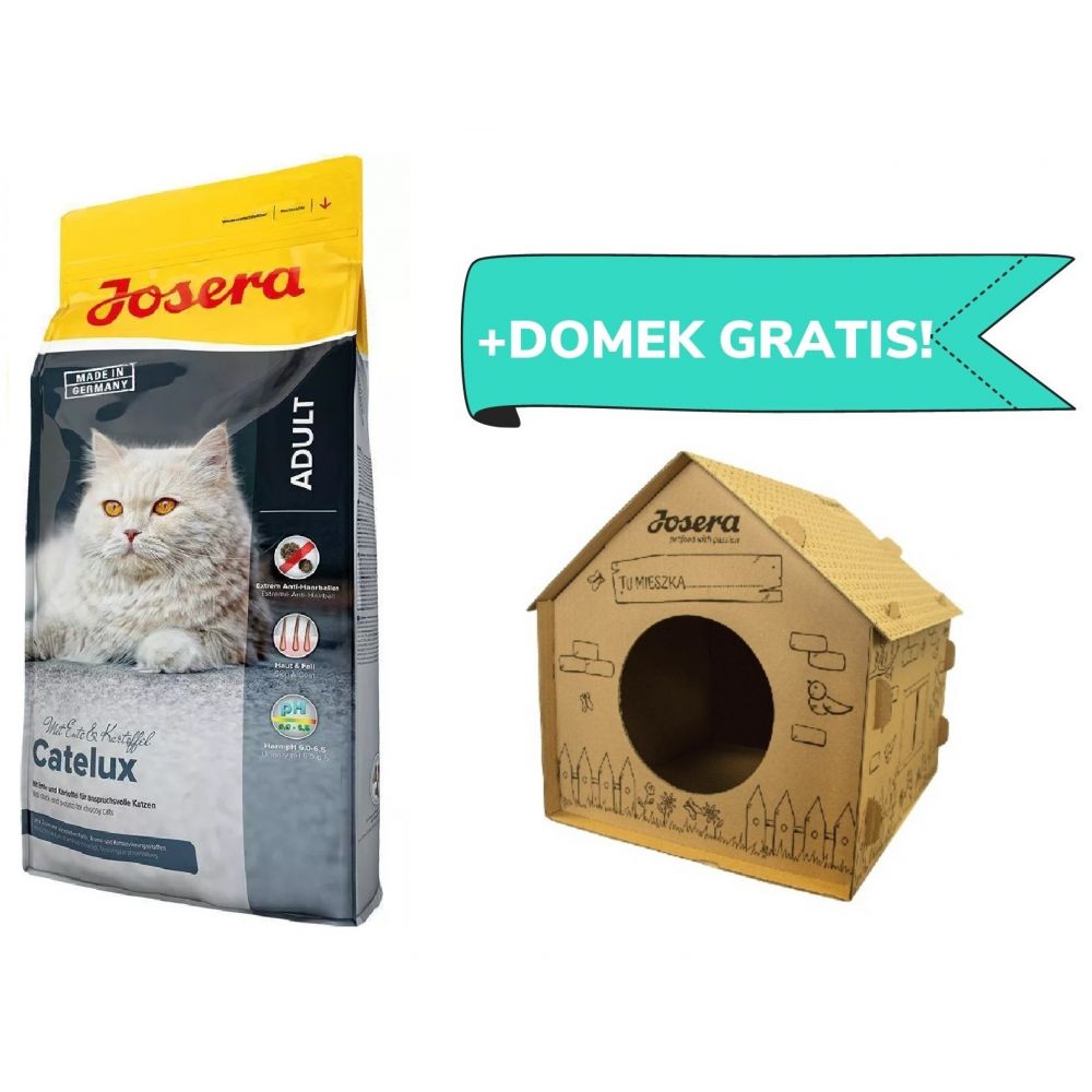 Pakiet Josera Catelux Kaczka Ziemniaki Skóra Sierść Odkłaczanie 10 kg + Tekturowy domek dla kota GRATIS