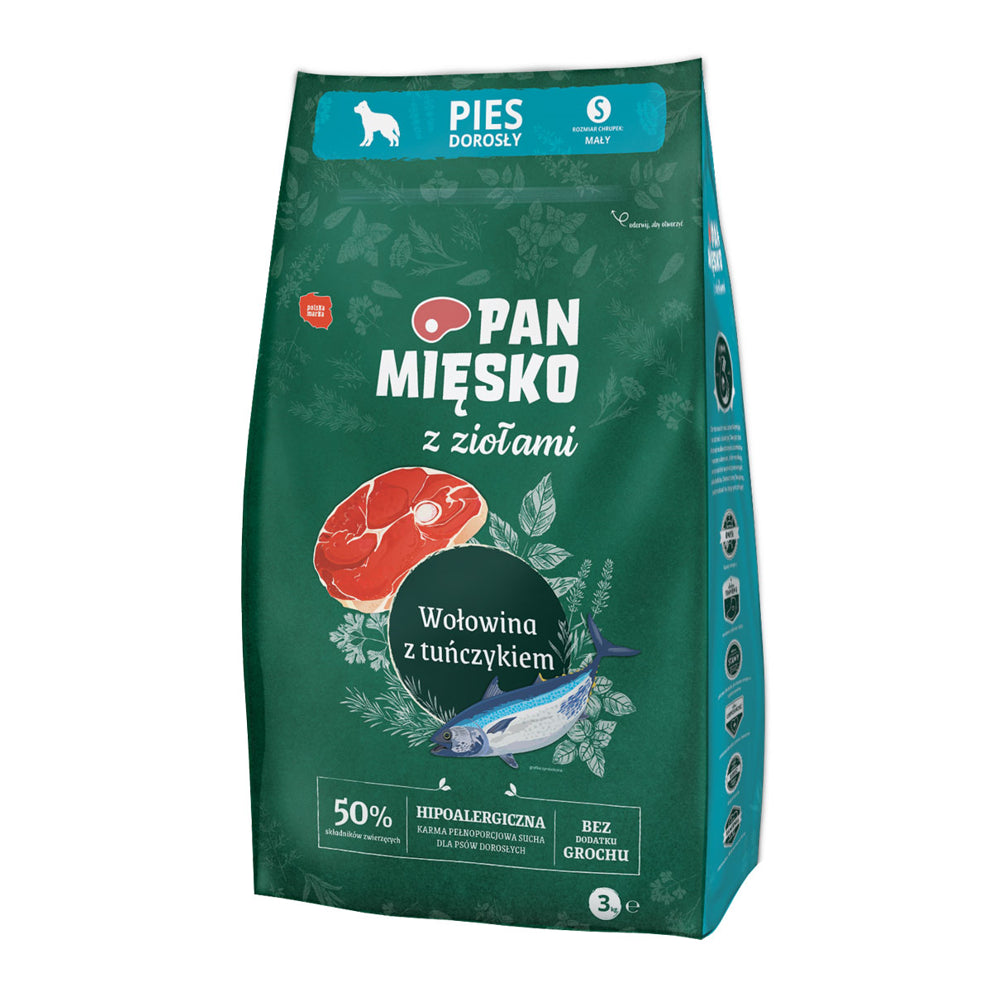 Pan Mięsko Sucha Karma Dla Dorosłych Psów z Ziołami Wołowina z Tuńczykiem Rozmiar S 3 kg