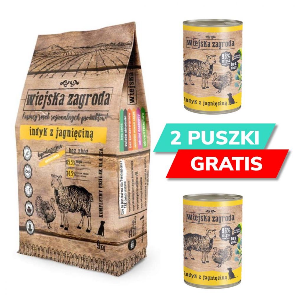 Pakiet Wiejska Zagroda Indyk z Jagnięciną 9 kg + 2 x Wiejska Zagroda Indyk z Jagnięciną 400 g Gratis