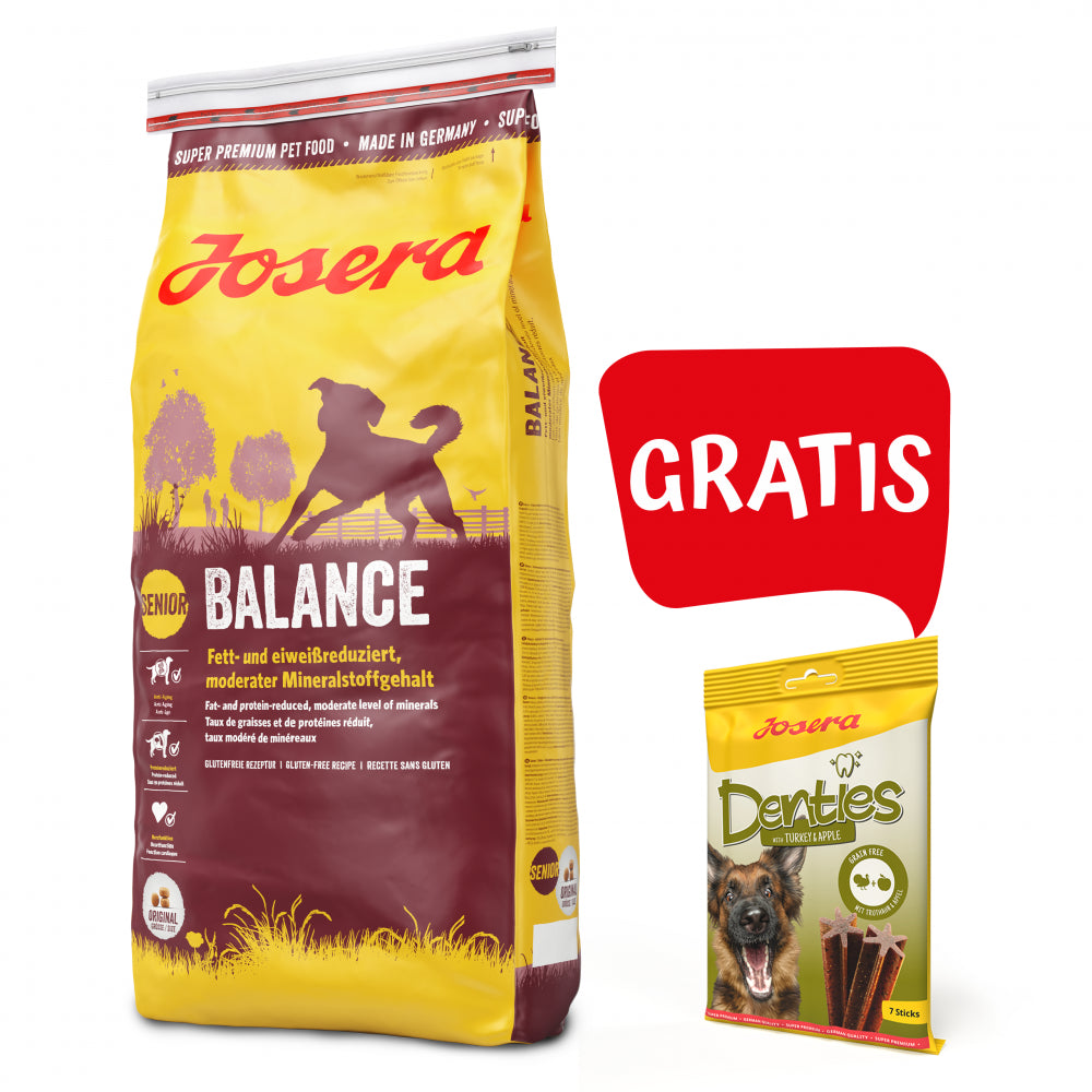 Pakiet Josera Balance Niskotłuszczowa Niskobiałkowa Senior 15 kg + Josera Denties Przysmak z Indykiem 180 g GRATIS!