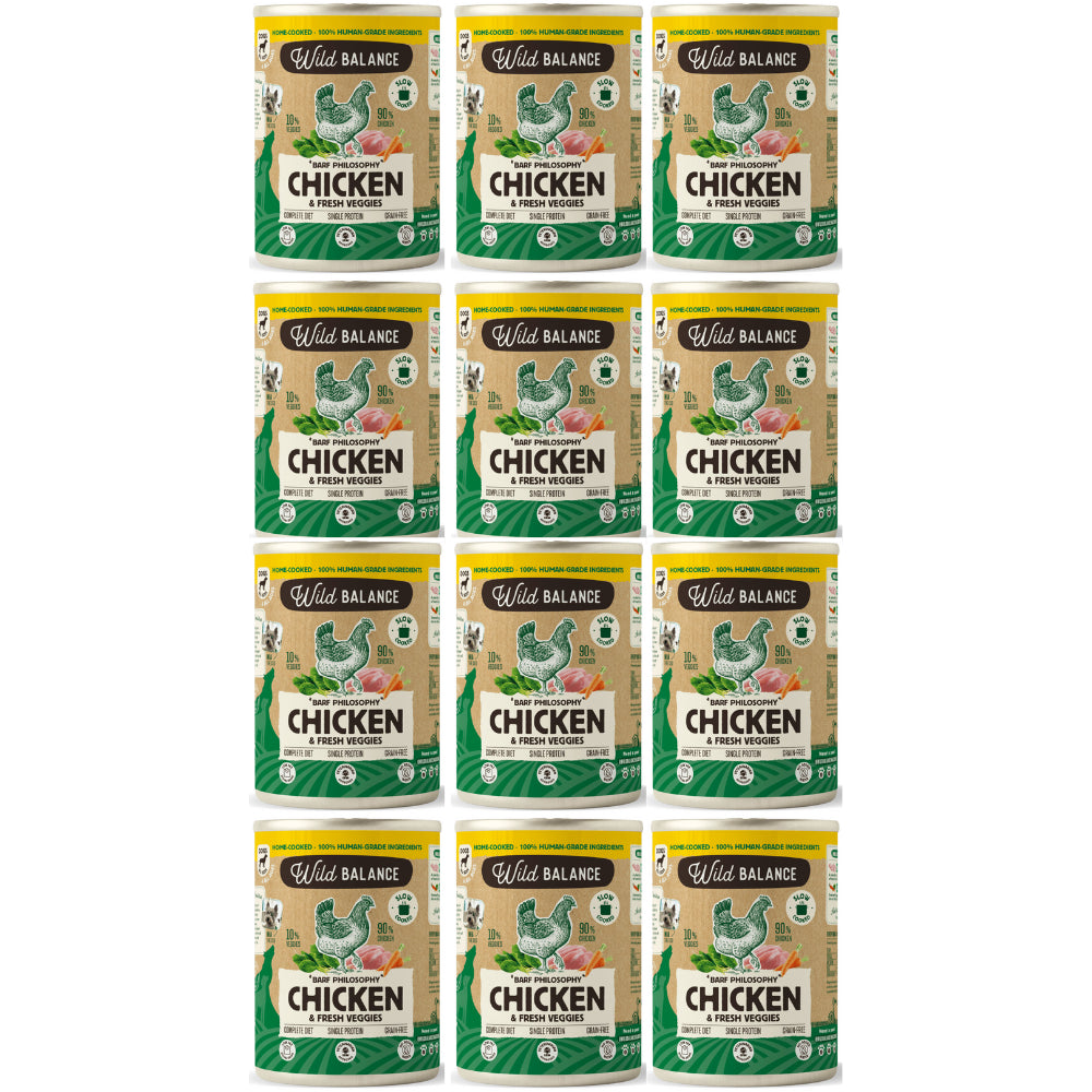 Pakiet Wild Balance Mokra Karma Dla Psów Wszystkich Ras w Każdym Wieku Kurczak z Marchwią i Szpinakiem 12 x 400 g