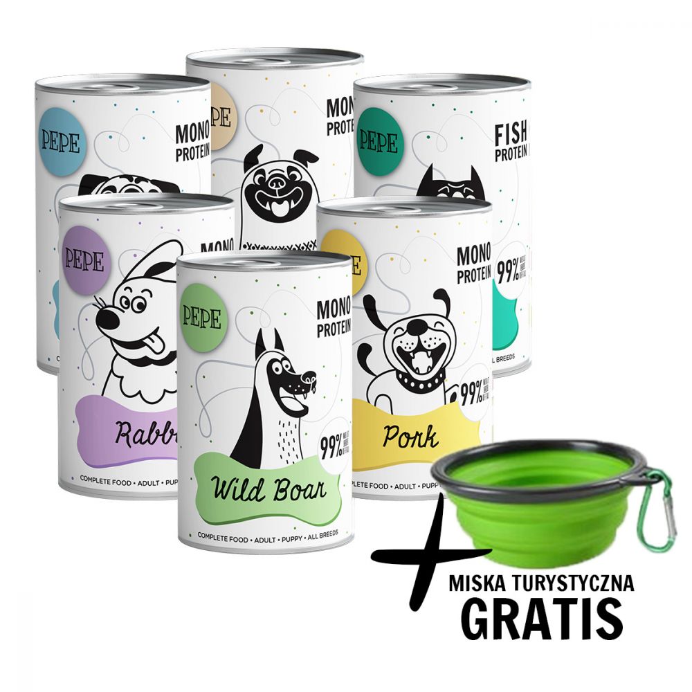 Pakiet Paka Zwierzaka Pepe Mokra Karma Dla Psa Mix Smaków 6 x 400 g + Miska Turystyczna GRATIS!