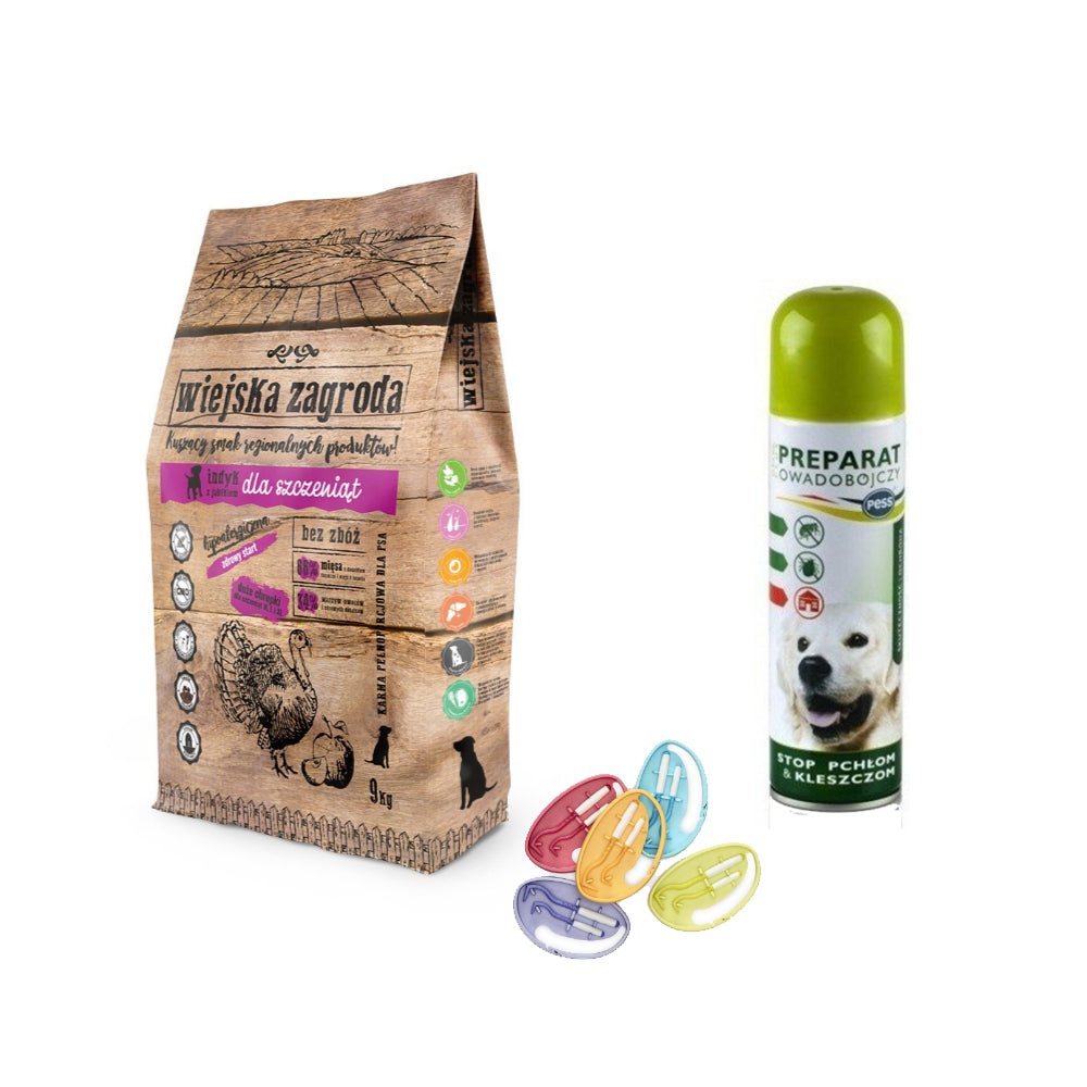 Pakiet Wiejska Zagroda Indyk z Jabłkiem dla Szczeniąt Dużych Ras 9 kg + 2 GRATISY-Kleszczołapki, Preparat Owadobójczy