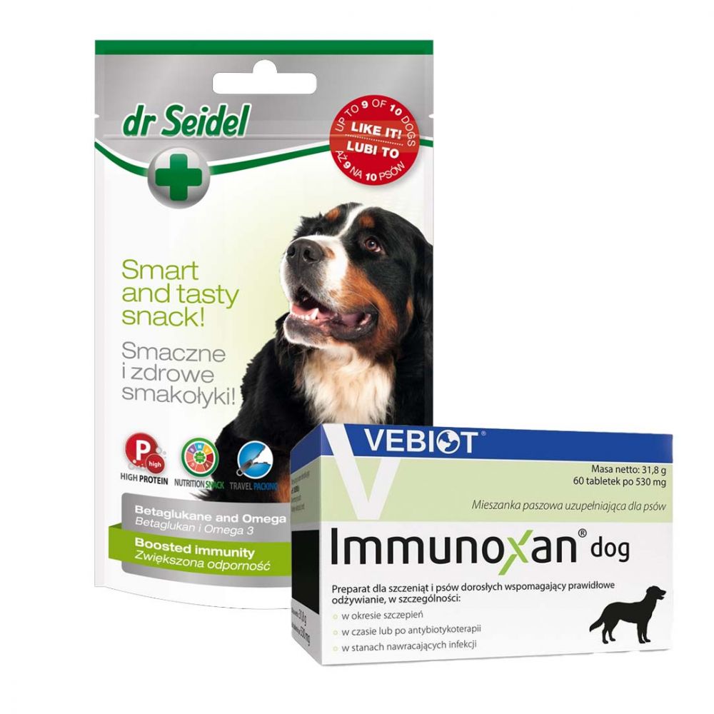 Pakiet Immunoxan Dog Preparat Dla Szczeniąt i Dorosłych Psów Wspomagający Prawidłowe Odżywianie 60 Tabletek + Dr Seidel Smakołyki Zwiększenie Odporności dla Psa 90 g GRATIS!