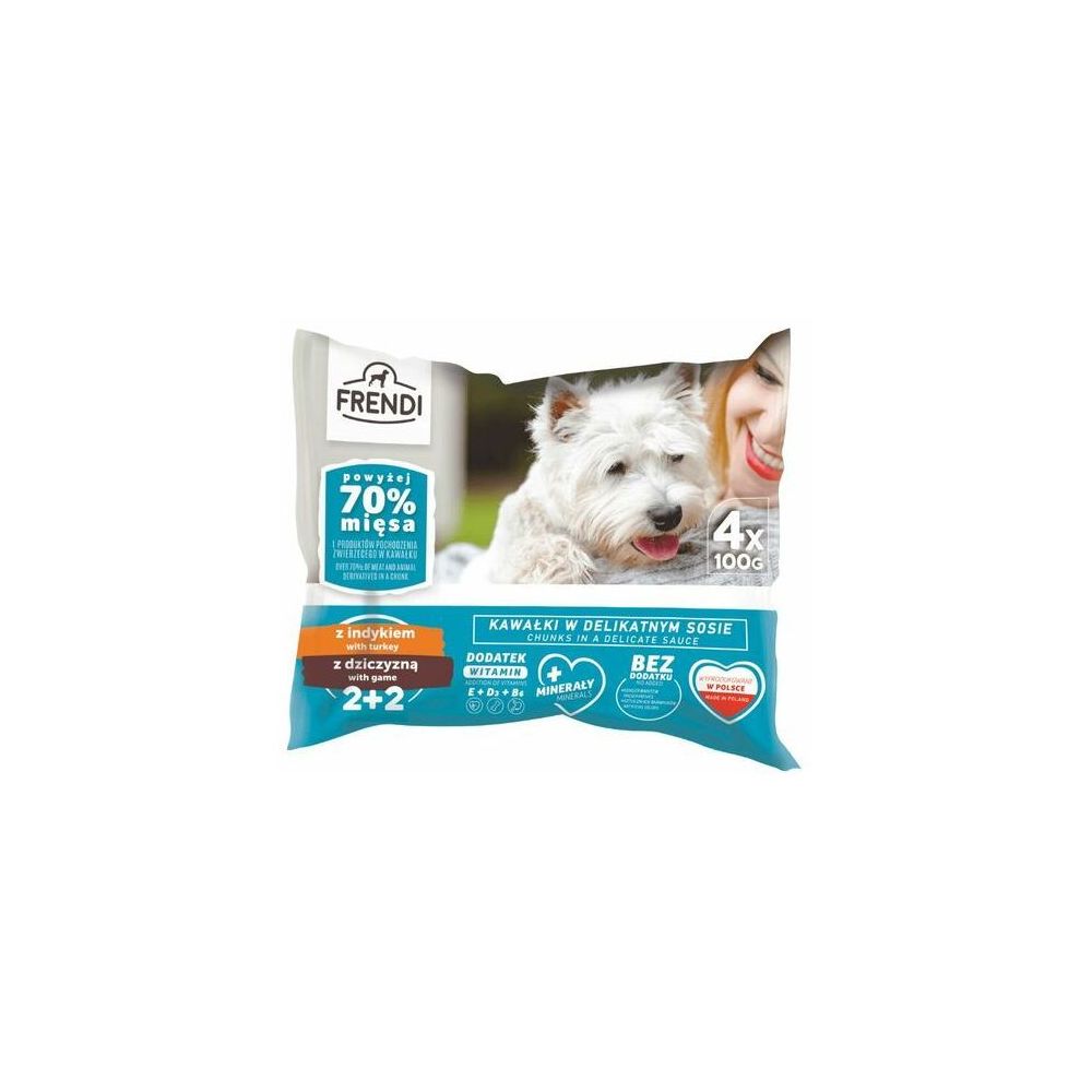 Frendi Mokra Karma Dla Dorosłych Psów Małych Ras w Delikatnym Sosie z Indykiem i Dziczyzną Pakiet 4 x 100 g