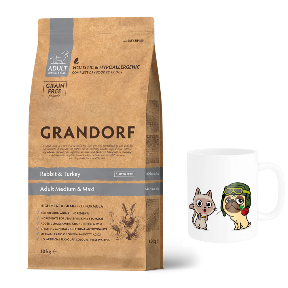 Pakiet Grandorf Rabbit & Turkey Adult Medium Maxi Karma Dla Psów Dorosłych Średnich i Dużych Ras 10 kg + Kubek z Twoim Pupilem GRATIS!