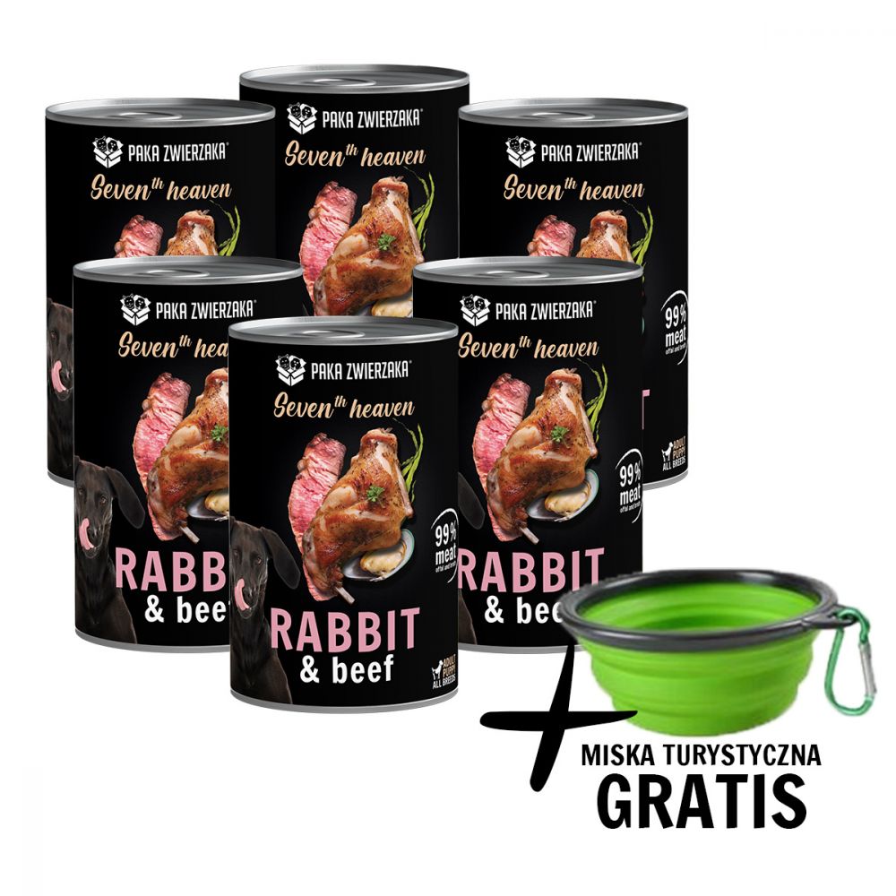 Pakiet Paka Zwierzaka Seventh Heaven Królik z Wołowiną Mokra Karma Dla Psa 6 x 400 g + Miska Turystyczna GRATIS!