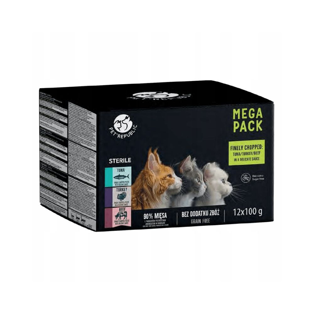 PetRepublic Mokra Karma Dla Kotów Sterylizowanych Tuńczyk, Indyk i Wołowina Pakiet 12 x 100 g