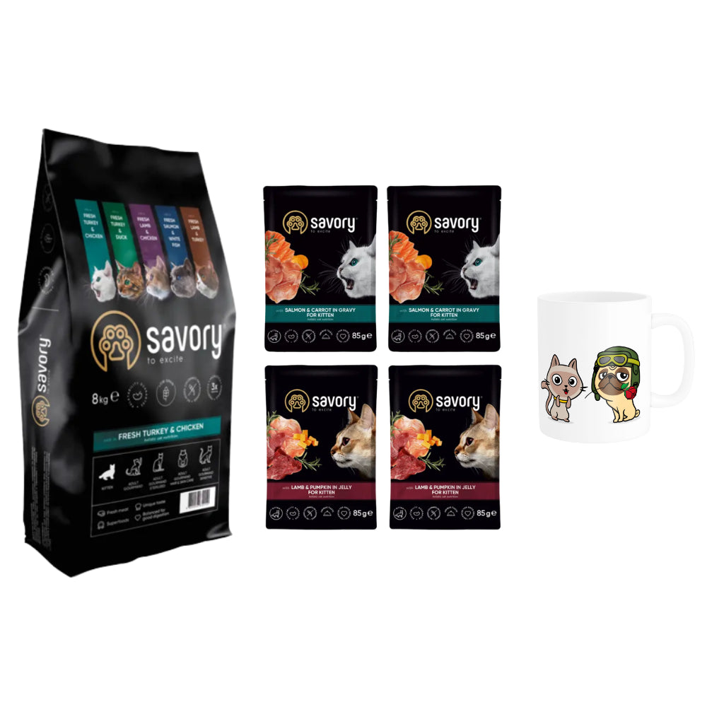 Pakiet Savory Kitten Cat Fresh Chicken&Turkey 8 kg + Mokra Karma 4 x 85 g i Kubek Gratis!