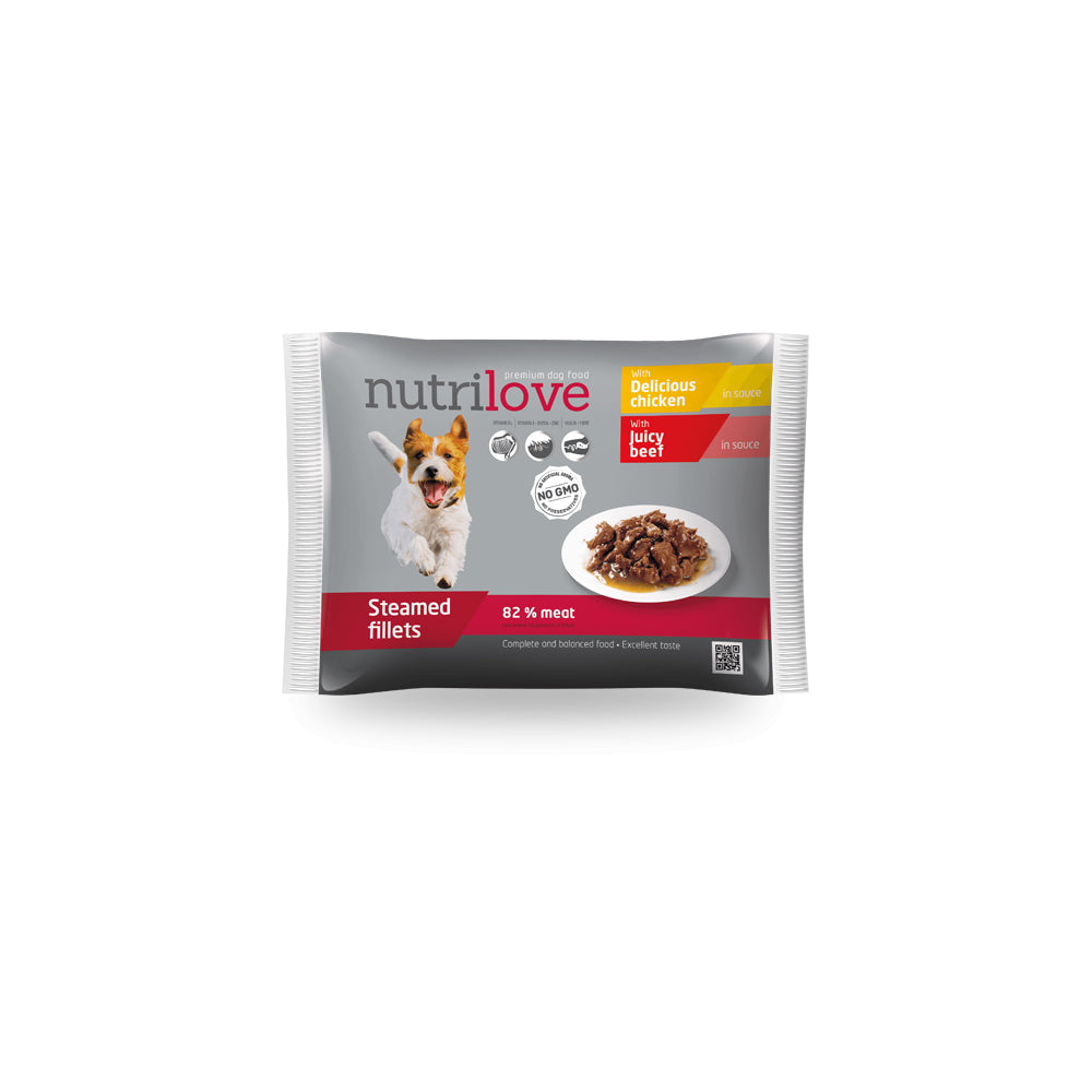 Nutrilove Zestaw Soczystych Mięsnych Kawałków 2 x 85 g Wołowina 2 x 85 g Kurczak w Sosie