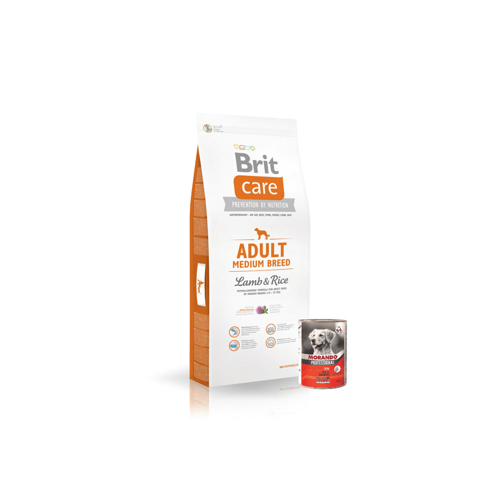 Pakiet Brit Care Lamb & Rice Jagnięcina & Ryż Adult Medium Breed Karma Dla Dorosłych Psów Średnich Ras 12 kg + Morando Pro Mokra Karma Dla Psa Pasztet Z Łososiem 400 g