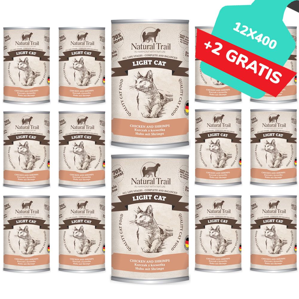 Natural Trail Light Cat Kurczak Krewetki Bezzbożowa 12 x 400 g + 2 gratis