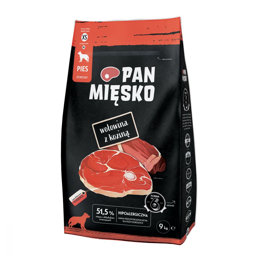 Pan Mięsko Karma Sucha Dla Dorosłych Psów Wołowina z Koziną Rozmiar XS 9 kg