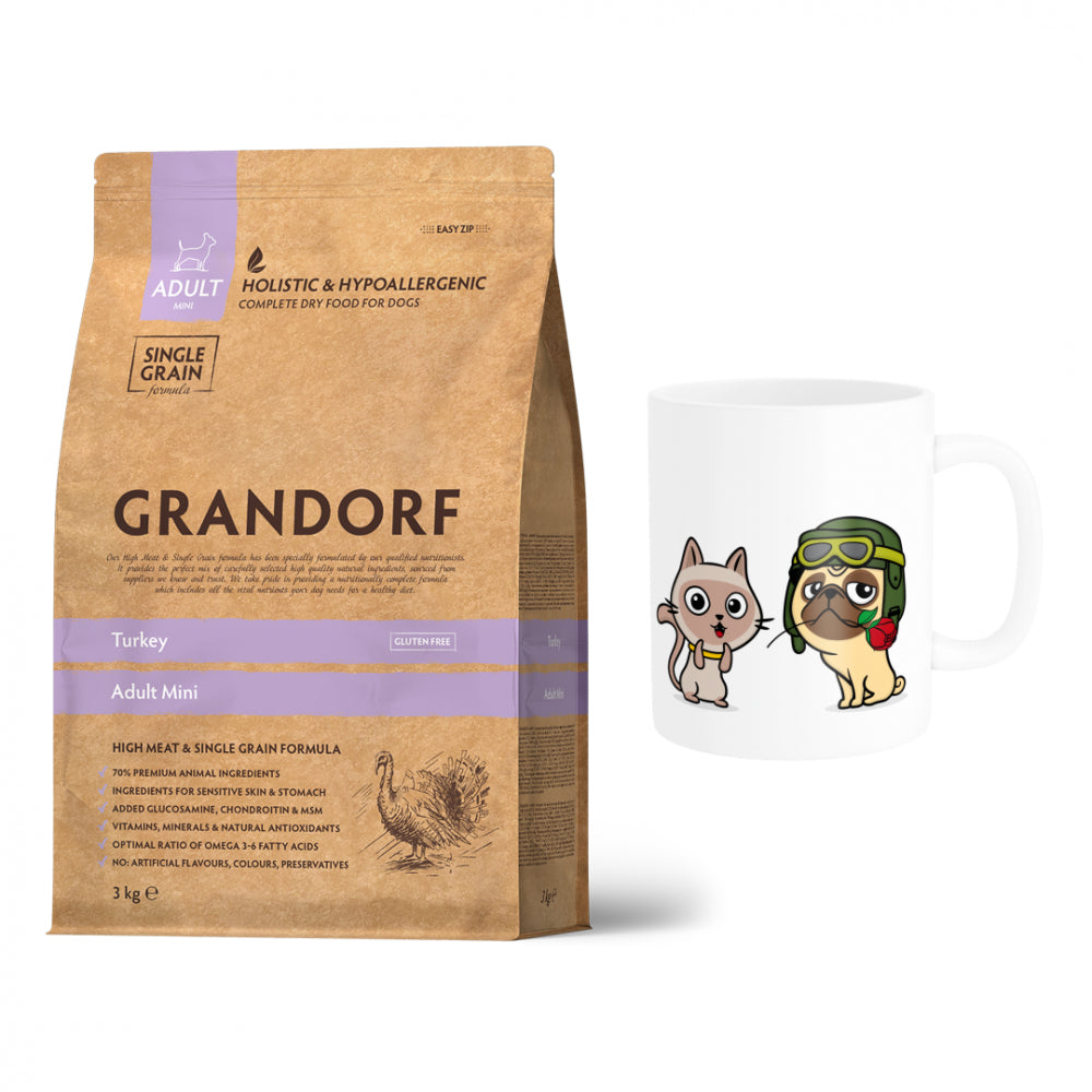 Pakiet Grandorf Turkey Adult Mini Breed Sucha Karma Dla Dorosłych Psów Małych Ras z Indykiem 3 kg + Kubek z Twoim Pupilem GRATIS!