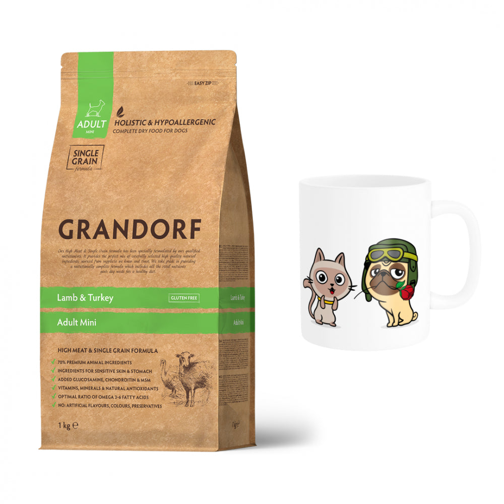 Pakiet Grandorf Lamb Turkey Adult Mini Breed Sucha Karma Dla Dorosłych Psów Małych Ras z Jagnięciną i Indykiem 1 kg + Kubek z Twoim Pupilem GRATIS!