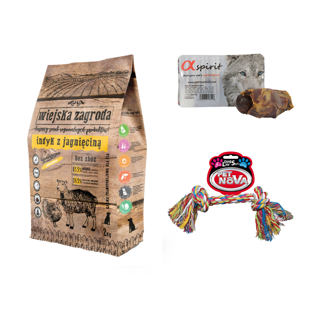 Pakiet Wiejska Zagroda Indyk z Jagnięciną 2 kg + 2 GRATISY-Przysmak, Zabawka