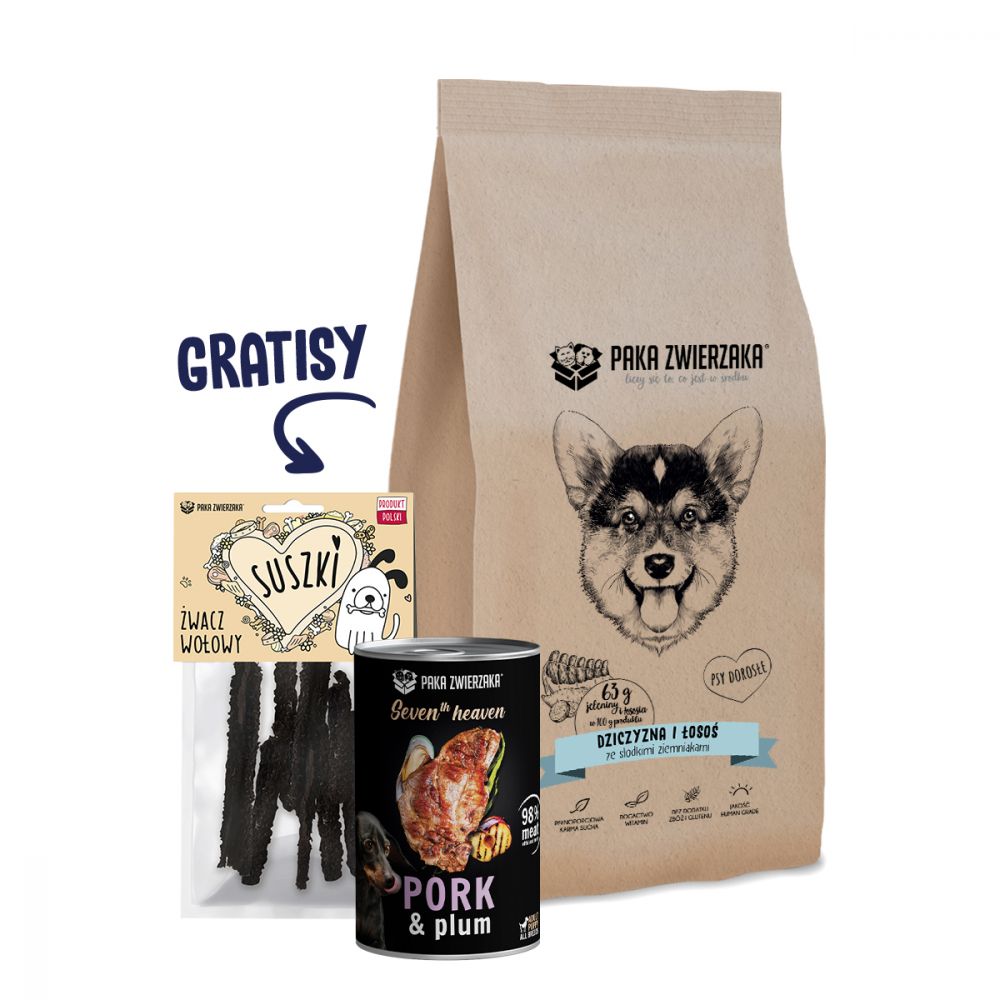 Pakiet Paka Zwierzaka Bezzbożowa Karma Dla Psa Dziczyzna Łosoś 9 kg + 2 GRATISY!