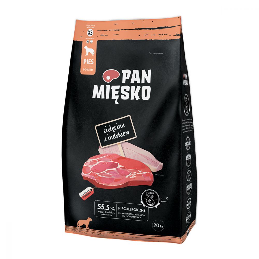 Pan Mięsko Karma Sucha Dla Dorosłych Psów Cielęcina z Indykiem Rozmiar XS 20 kg