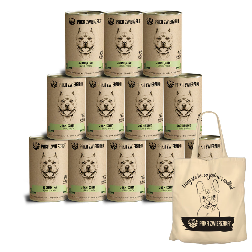 Pakiet Paka Zwierzaka Mokra Karma Dla Psa Jagnięcina Jabłko 12 x 400 g + Torba Bawełniana GRATIS!