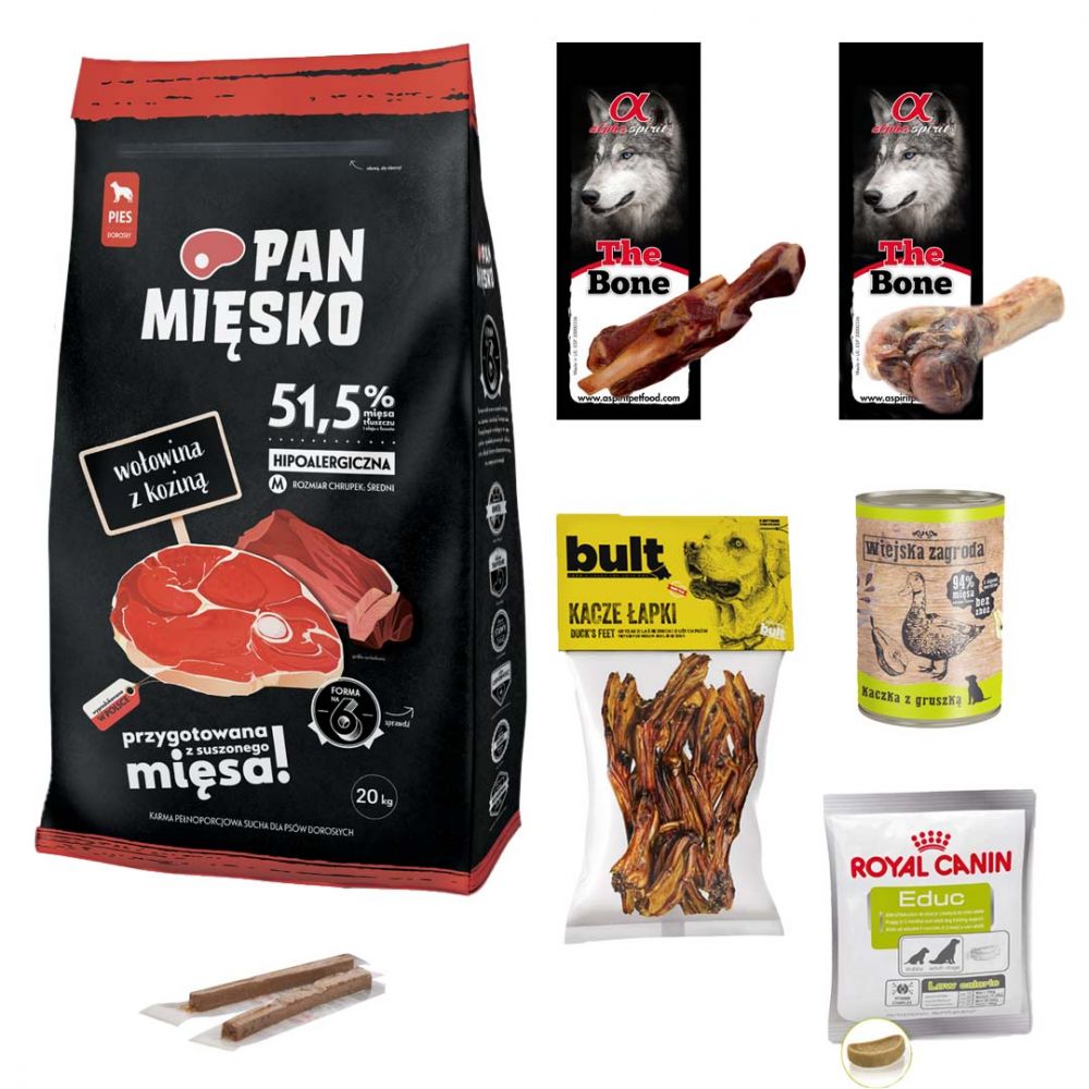 Pakiet Pan Mięsko Karma Sucha Dla Dorosłych Psów Wołowina Z Koziną Rozmiar M 20 kg + 7 GRATISÓW!