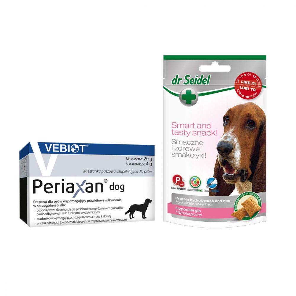 Pakiet Periaxan Dog Preparat Dla Psów Z Problemami Opróżniania 5 Saszetek Typu Stick + Dr Seidel Smakołyki Hipoalergiczne dla Psa 90 g GRATIS!