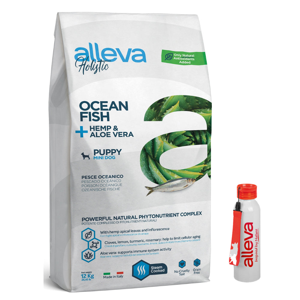 Pakiet Alleva Holistic Monoproteinowa Sucha Karma Dla Szczeniąt Małych Ras Oraz Suk Karmiących I W Ciąży Z Rybami Oceanicznymi Oraz Z Dodatkiem Konopi Włóknistej I Aloesu 12 kg + Bidon GRATIS!