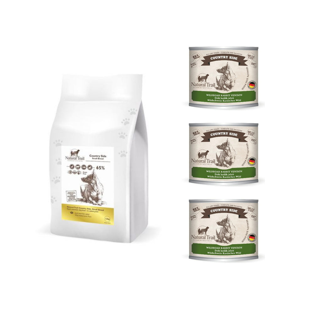 Pakiet Natural Trail Country Side Kaczka, Wołowina, Ryba i Królik Małe Rasy 12 kg + 3 x Natural Trail Country Side z Królikiem i Dziczyzną Bezzbożowa Karma Dla Psa 200 g GRATIS