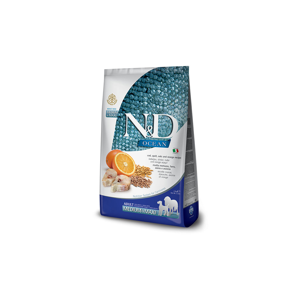 Farmina N&D Dog Ocean Cod, Spelt, Oats & Orange Adult Medium & Maxi Sucha Karma Dla Dorosłych Psów Średnich i Dużych Ras z Dorszem 2,5 kg