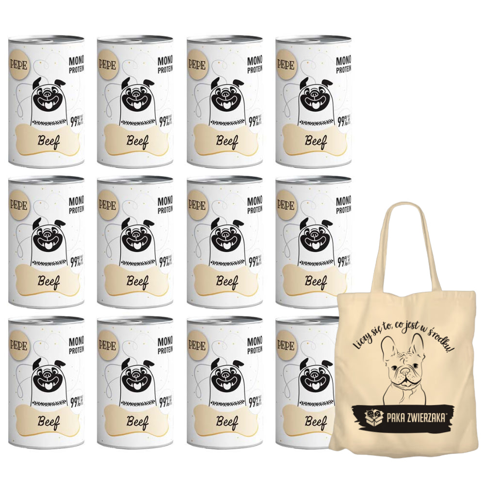 Pakiet Paka Zwierzaka Pepe Monoproteinowa Karma Dla Psa Wołowina 12 x 400 g + Torba Bawełniana GRATIS!