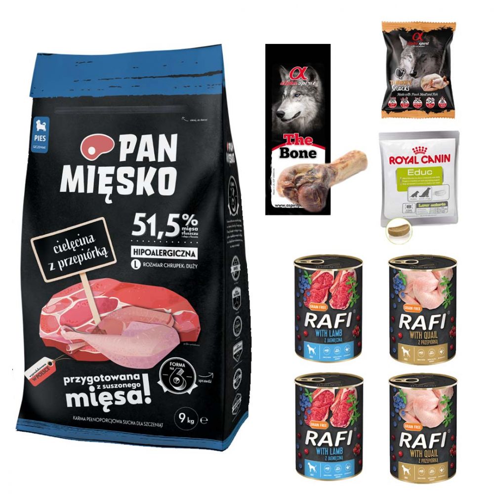 Pakiet Pan Mięsko Karma Sucha Dla Szczeniąt I Młodych Psów Cielęcina Z Przepiórką Rozmiar L 9 kg + 7 GRATISÓW!