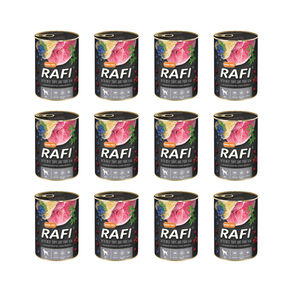 Pakiet Rafi Mokra Karma Dla Psa Żołądki Wołowe, Szynka, Borówka, Żurawina 12 x 400 g