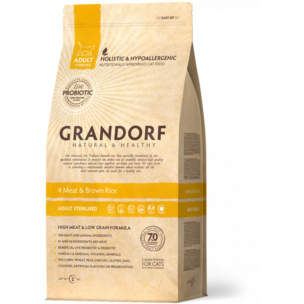 Grandorf 4 Meat & Brown Rice Adult Sterilised Karma Dla Sterylizowanych Kotów 2 kg