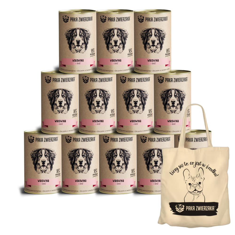 Pakiet Paka Zwierzaka Mokra Karma Dla Psa Wołowina i Śledź 12 x 400 g + Torba Bawełniana GRATIS!
