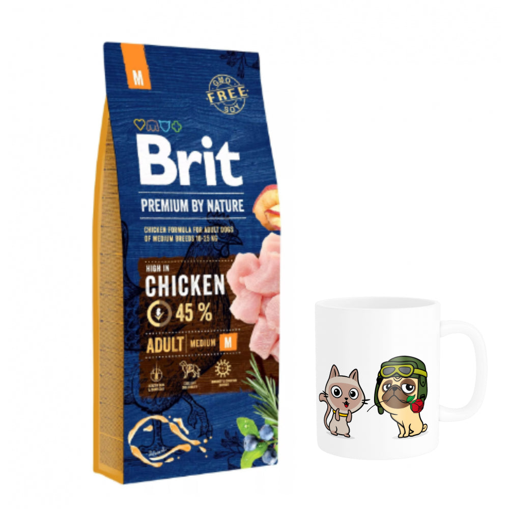 Pakiet Brit Premium By Nature Chicken Adult Kurczak Karma Dla Dorosłych Psów Średnich Ras M 15 kg + Kubek z Twoim Pupilem !