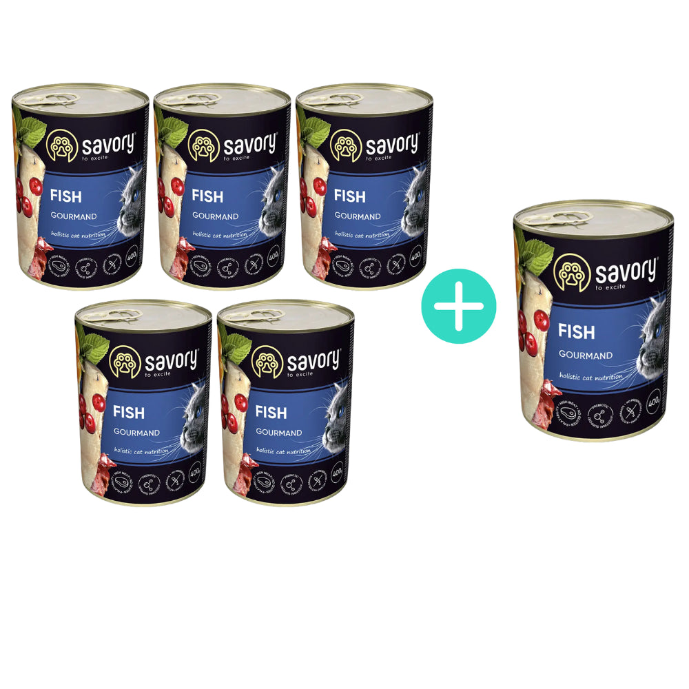 Pakiet Savory Cat Adult Fish Karma Mokra Dla Dorosłych Kotów z Rybą 5 x 400 g + 1 Puszka GRATIS!