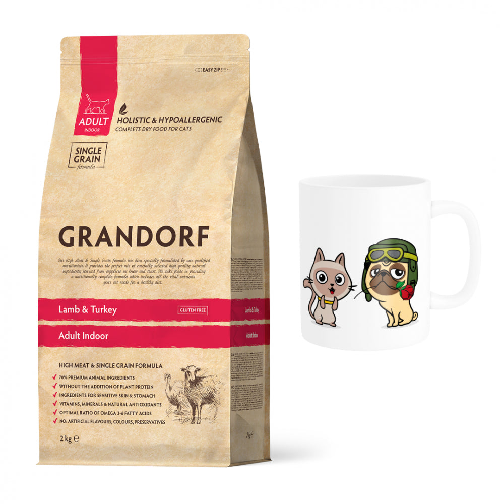 Pakiet Grandorf Lamb & Turkey Adult Indoor Karma Dla Dorosłych Kotów 2 kg + Kubek z Twoim Pupilem GRATIS!