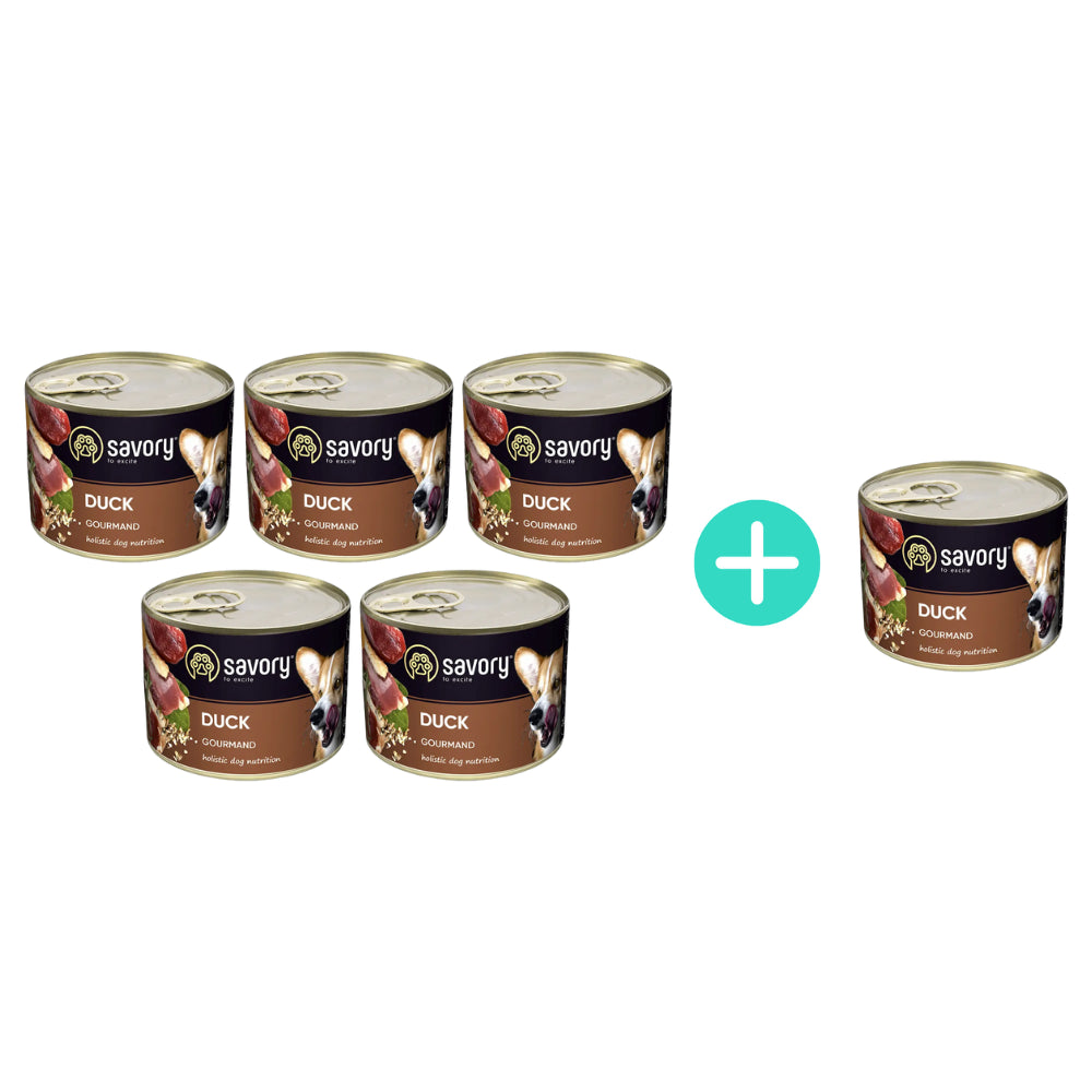 Pakiet Savory Dog Adult Mono Duck Karma Mokra Monoproteinowa Dla Dorosłych Psów Wszystkich Ras z Kaczką 5 x 200 g + 1 Puszka Gratis!