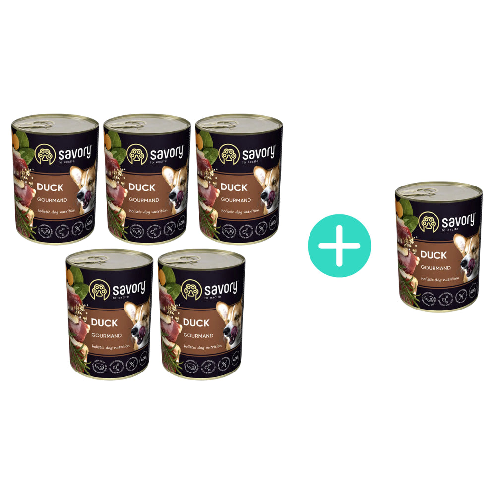 Pakiet Savory Dog Adult Mono Duck Karma Mokra Monoproteinowa Dla Dorosłych Psów Wszystkich Ras z Kaczką 5 x 400 g + 1 Puszka Gratis!