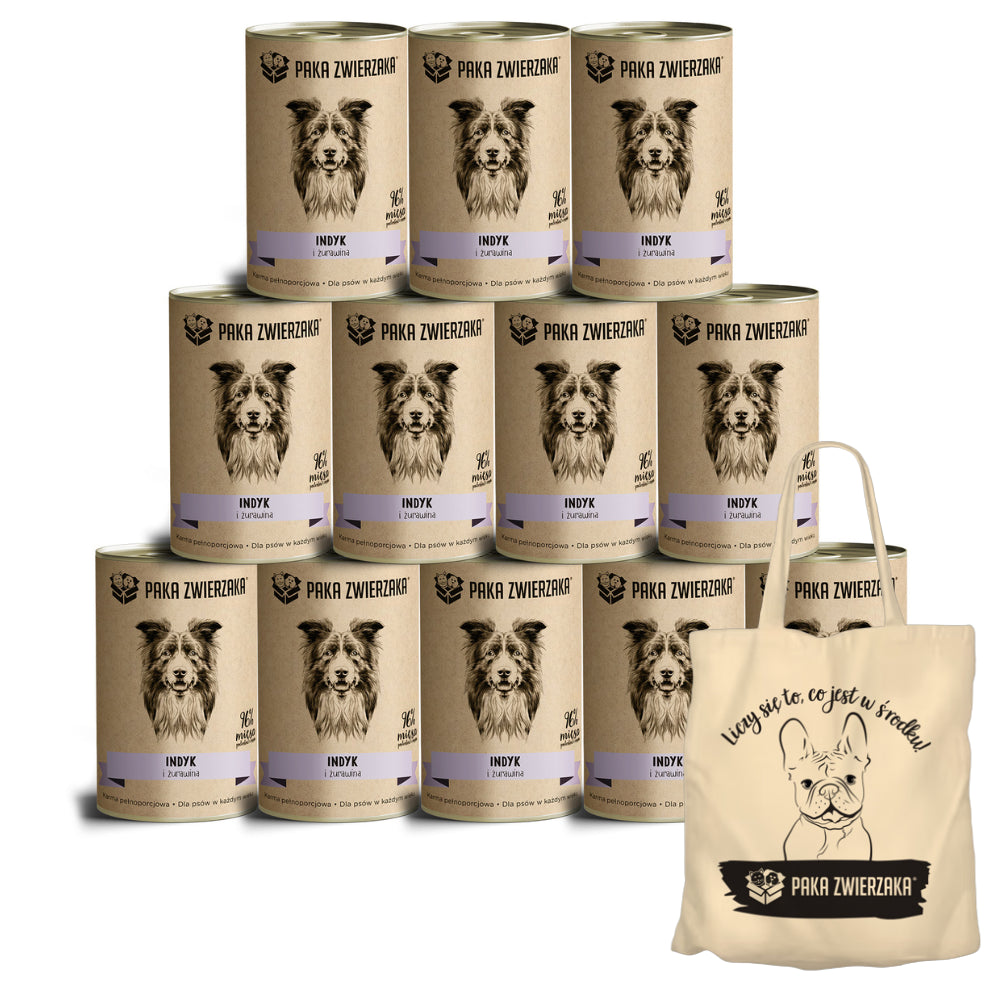 Pakiet Paka Zwierzaka Mokra Karma Dla Psa Indyk, Żurawina 12 x 400 g + Torba Bawełniana GRATIS!