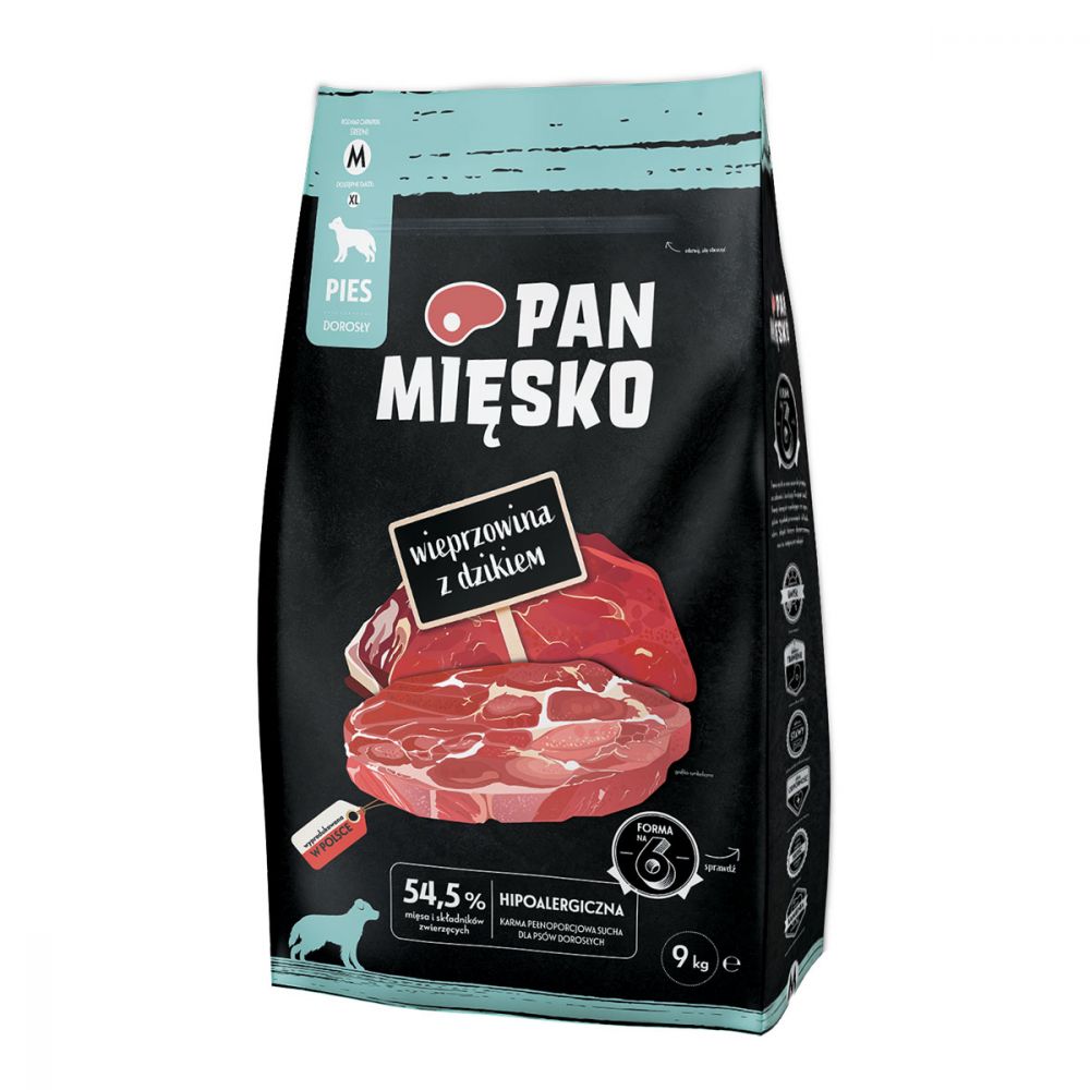 Pan Mięsko Karma Sucha Dla Dorosłych Psów Wieprzowina Z Dzikiem Rozmiar M 9 kg