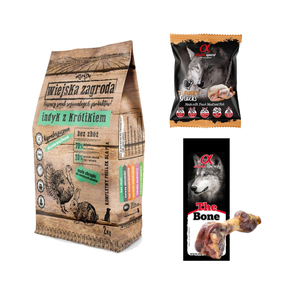 Pakiet Wiejska Zagroda Indyk z Królikiem 2 kg + Przysmaki Alpha Spirit GRATIS!