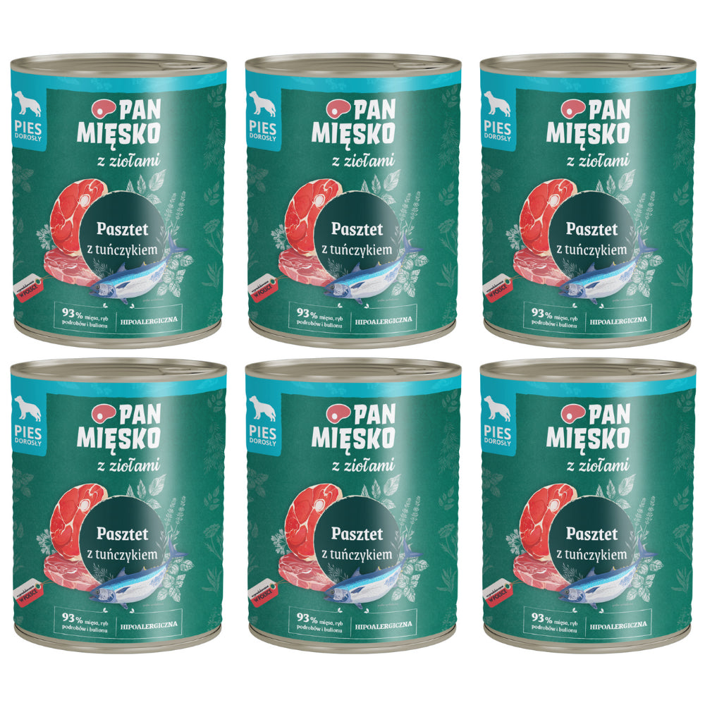 Pakiet Pan Mięsko Mokra Karma Dla Dorosłych Psów Pasztet z Ziołami i Tuńczykiem 6 x 800 g