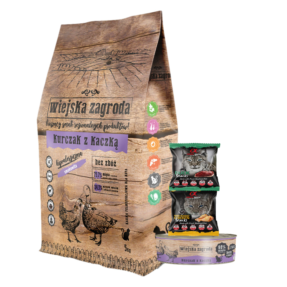 Pakiet Wiejska Zagroda Kurczak z Kaczką dla Kota 5 kg + 3 GRATISY!