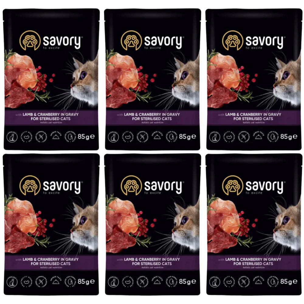 Pakiet Savory Cat Adult Sterilised Lamb&Cranberries Gravy Karma Mokra Dla Kotów Po Sterylizacji i Kastracji z Jagnięciną i Żurawiną w Sosie 6 x 85 g