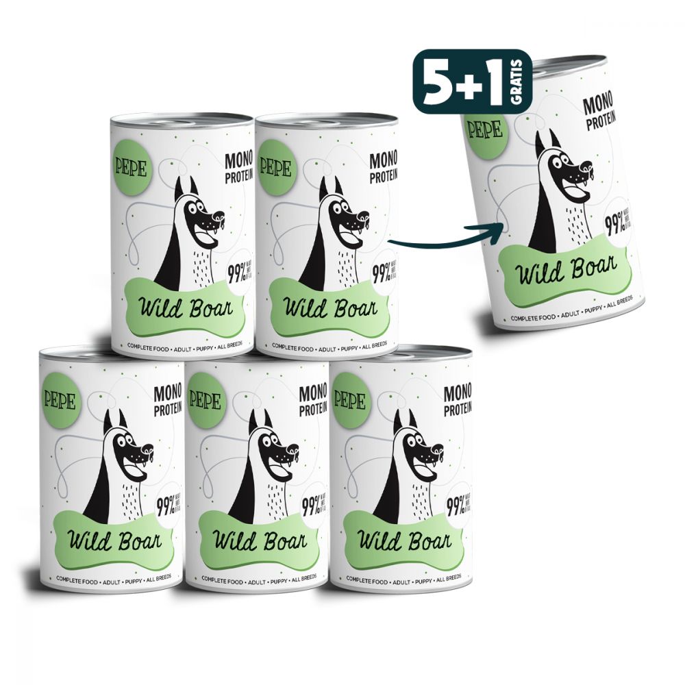 Pakiet Paka Zwierzaka Pepe Monoproteinowa Karma Dla Psa Dziczyzna 5 x 400 g + 1 Puszka GRATIS!