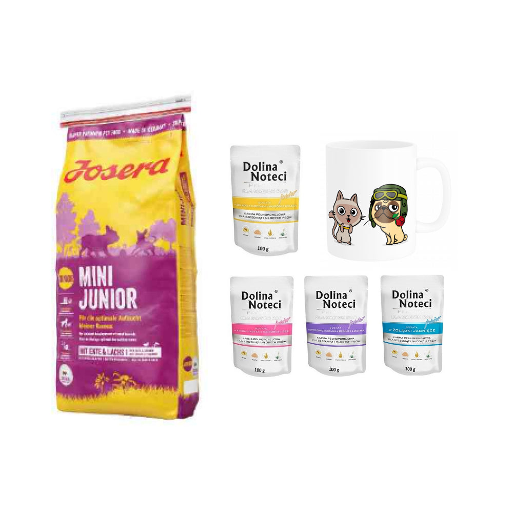Pakiet Josera Mini Junior Kaczka Łosoś Szczenięta Małe Rasy 15 kg + 5 GRATISÓW! Karma, Kubek z Twoim Pupilem